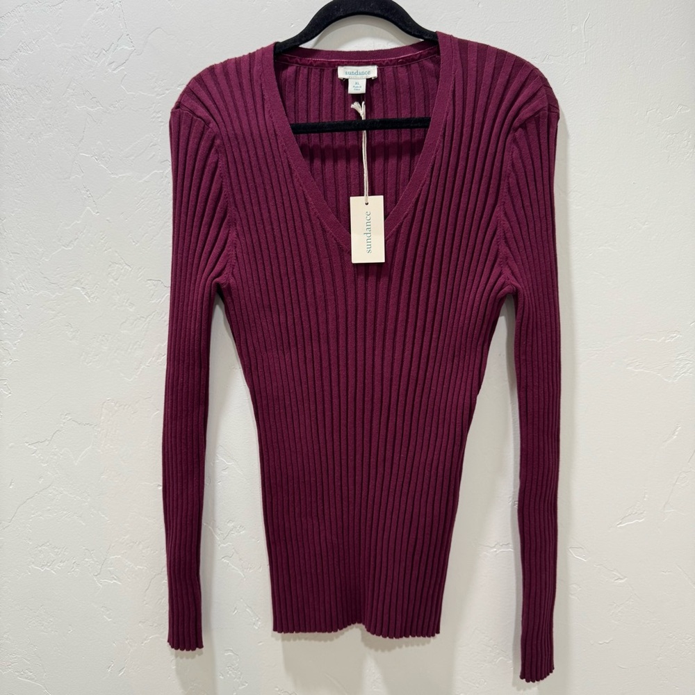 NWT Sundance Poet Legends Sweater VNeck Ribbed Organic Cotton Maroon Burgundy XL - Picture 2 of 9